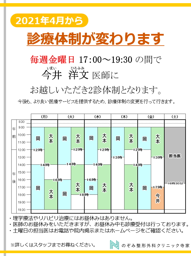 2021年4月診療体制変更　東広島市西条町寺家