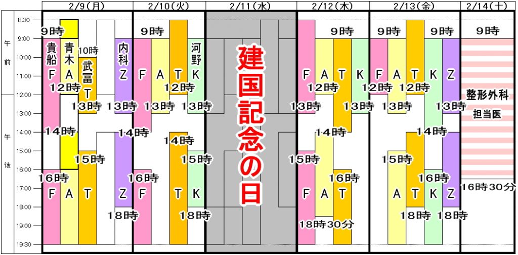 2月9日の週の整形外科診療体制